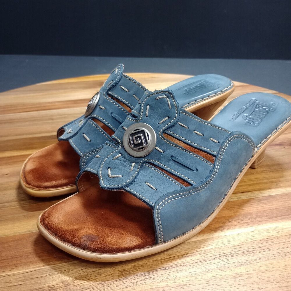 Tsonga Leather Blue Nubuck Leather Slide Sandals Slip‎ On Womens US 8 Concho